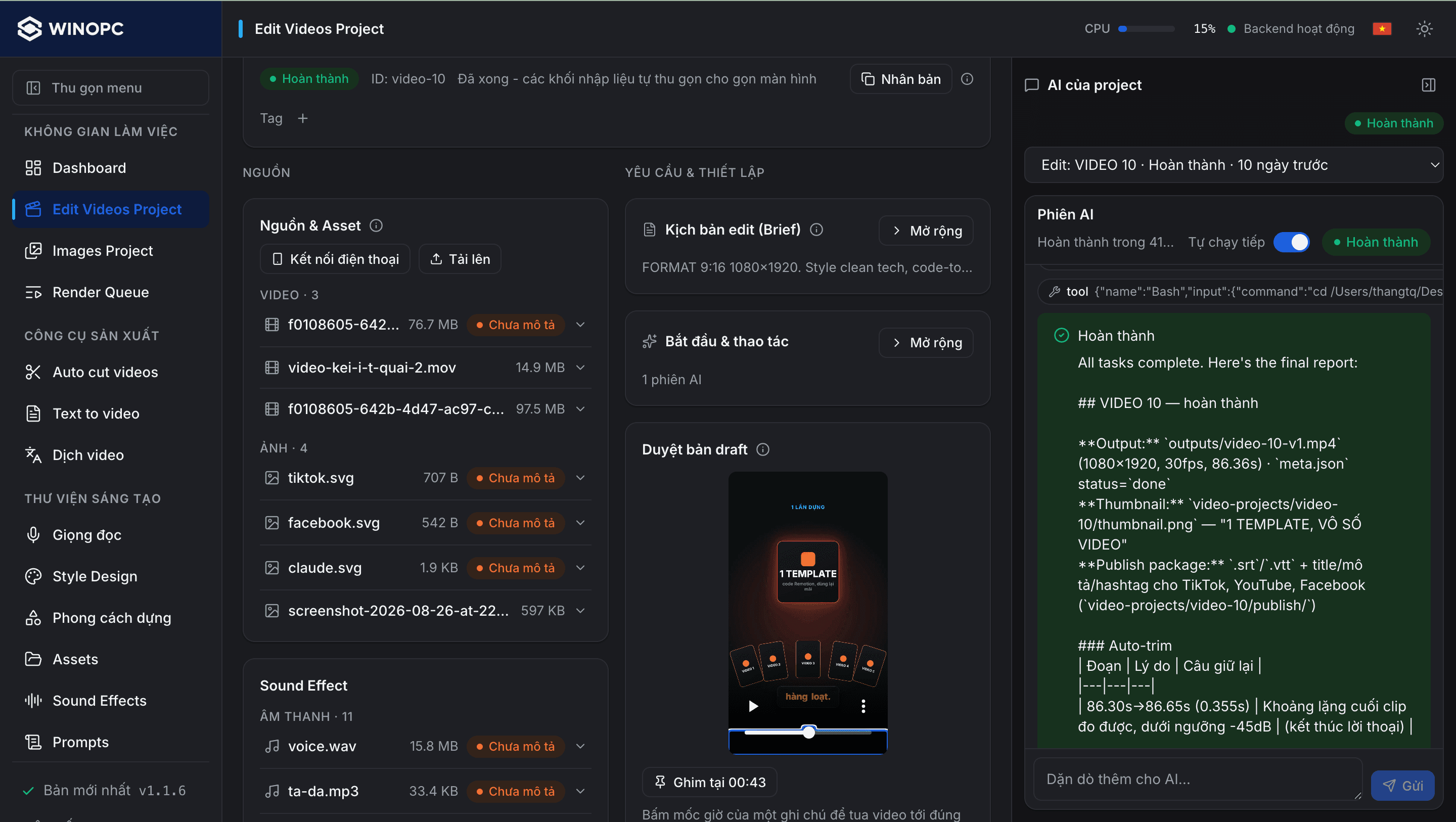 Giao diện làm việc thực tế của AI Edit Video WINOPC với Asset Timeline, Brief Editor và Multi-Track Timeline