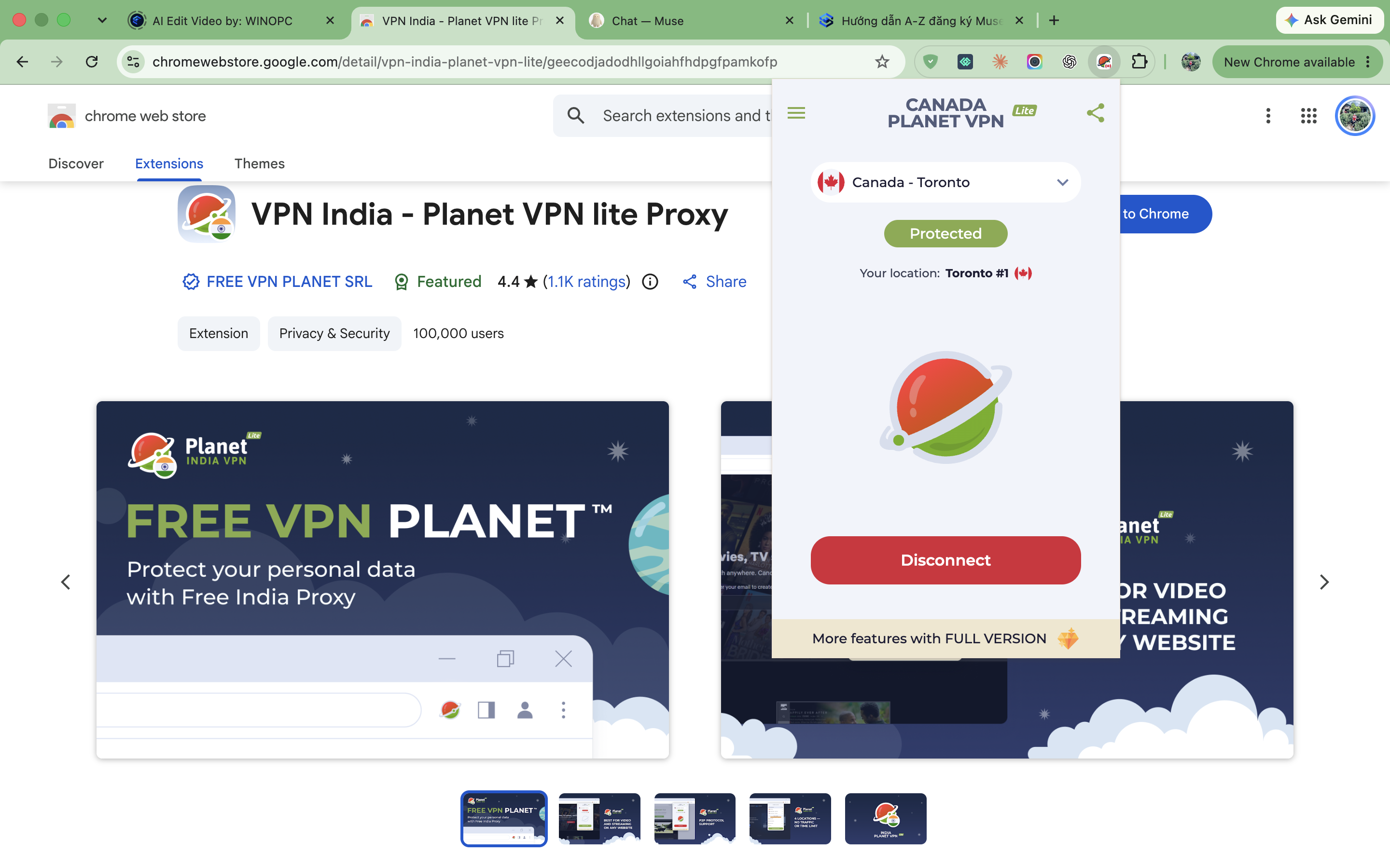 Bước 2: Bật kết nối VPN Canada Toronto hiển thị Protected