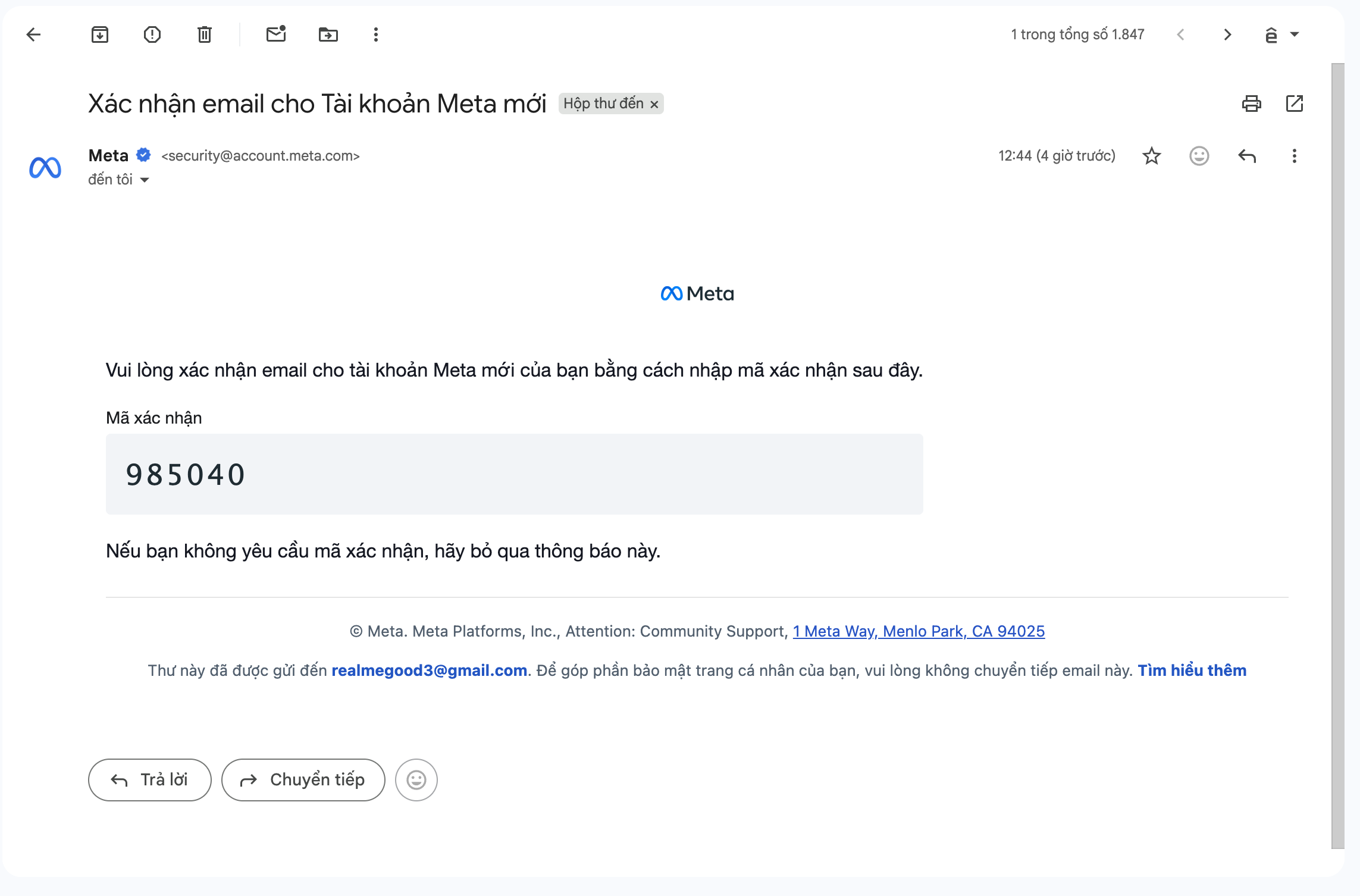 Bước 4: Email xác nhận từ Meta kèm mã xác nhận OTP 6 số